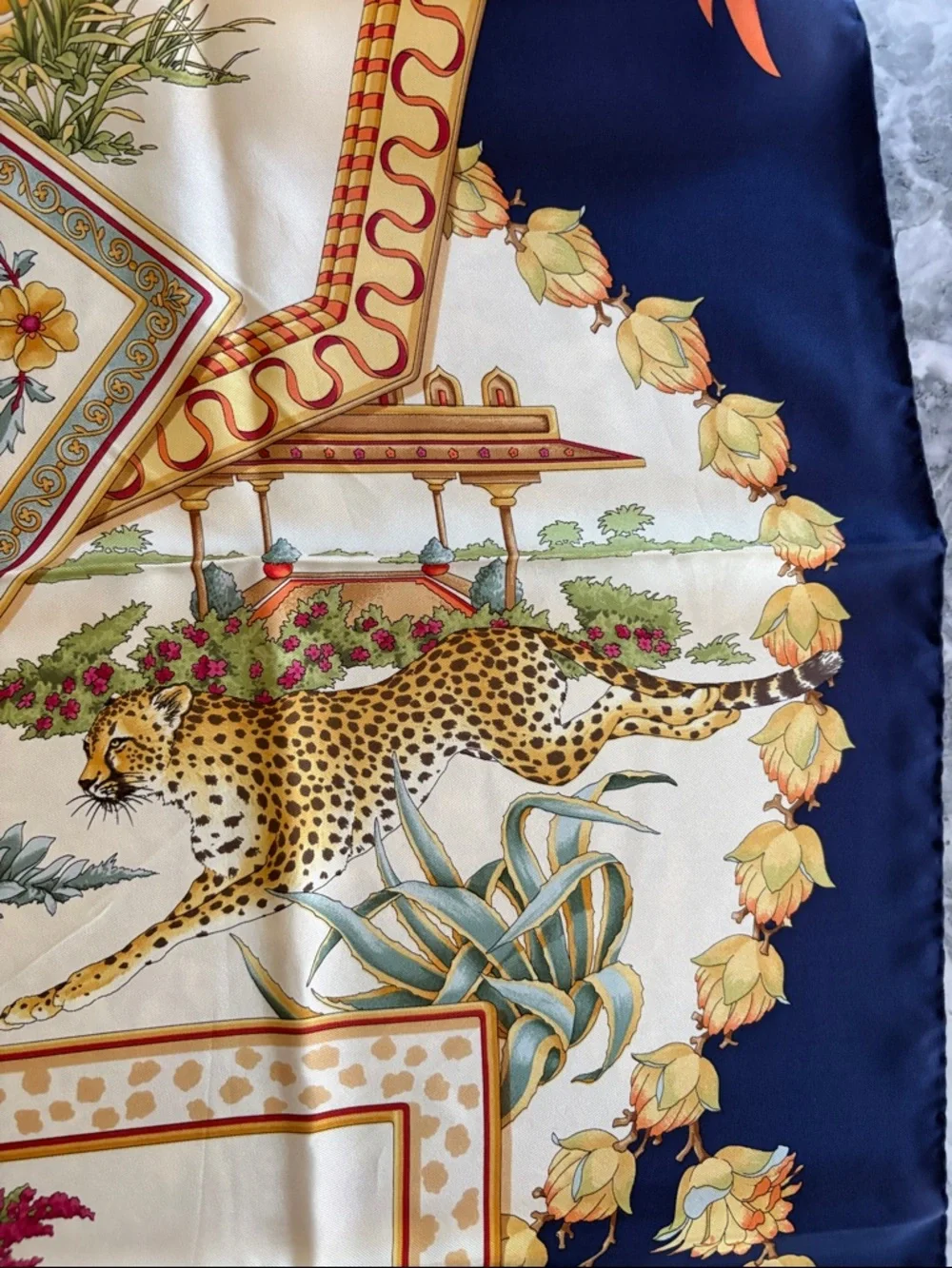 Vintage Salvatore Ferragamo Silk Elephant and Wild Cats Scarf, Navy Blue & Gold